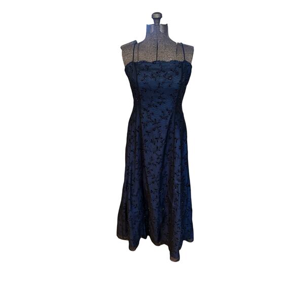 Besty & Adam 90s Vampy Gothic Beaded Mesh Overlay Prom Dress Maxi Black Blue 14 - Picture 11 of 16